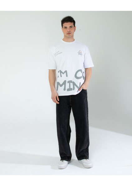 Oversıze Unisex Baskılı T-Shırt Intrusıon Whıte
