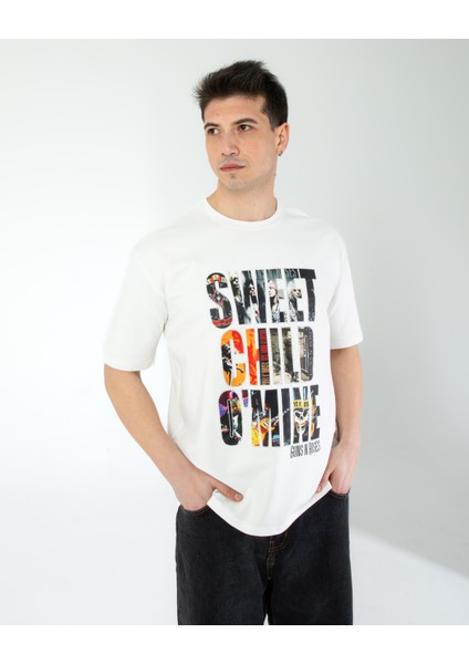 Oversıze Unisex Baskılı T-Shırt Gusnroses Ecrou fırsatları