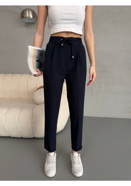 Kadın Yüksek Bel Lastikli ve Bağcıklı Havuç Kesim Kumaş Pantolon fiyatları