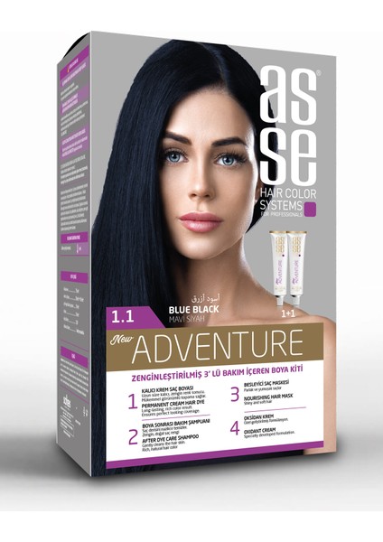 Adventure Set Saç Boyası, Kalıcı ve Canlı Renkler 1+1 İki Kullanım Seti (No:1.1 Mavi Siyah)