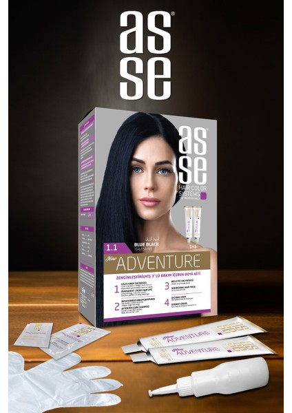 Adventure Set Saç Boyası, Kalıcı ve Canlı Renkler 1+1 İki Kullanım Seti (No:1.1 Mavi Siyah)