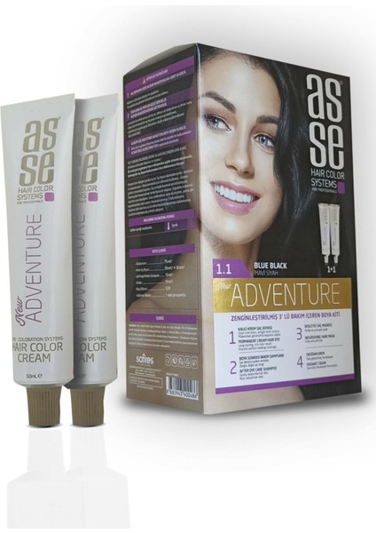 Adventure Set Saç Boyası, Kalıcı ve Canlı Renkler 1+1 İki Kullanım Seti (No:1.1 Mavi Siyah)
