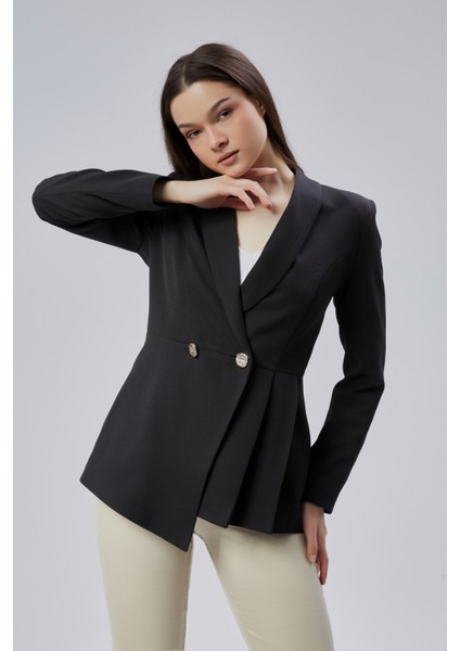 Siyah Regular Fit Pile Detaylı Blazer Ceket
