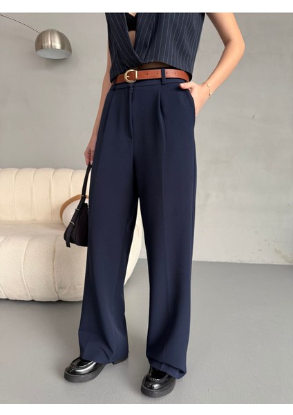 Kadın Beli Lastikli Kemerli Dökümlü Salaş Palazzo Kumaş Pantolon