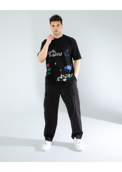 Oversıze Unisex Baskılı T-Shırt Untıl Black
