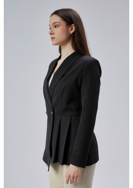 Siyah Regular Fit Pile Detaylı Blazer Ceket