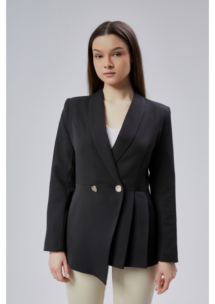Siyah Regular Fit Pile Detaylı Blazer Ceket