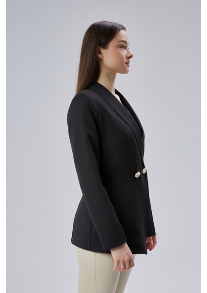 Siyah Regular Fit Pile Detaylı Blazer Ceket