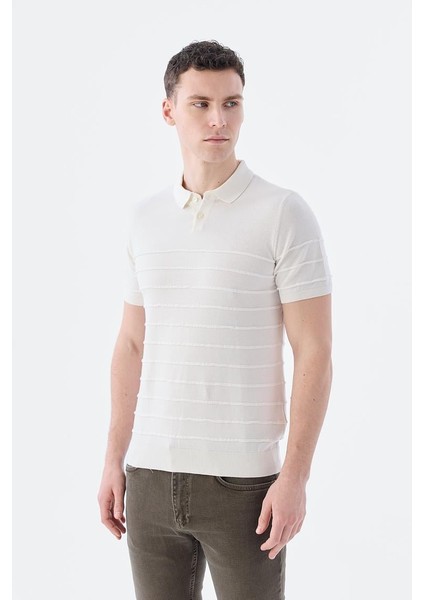 Ekru Slim Fit Düğmeli Polo Yaka T-Shirt
