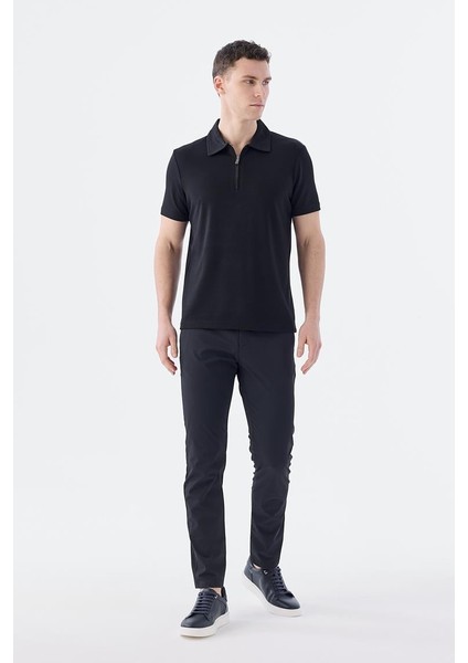 Siyah Slim Fit Apaş Yaka T-Shirt