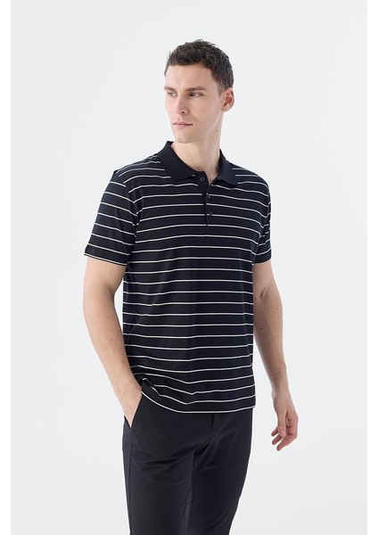Siyah Slim Fit Çizgili Pamuk Polo Yaka T-Shirt