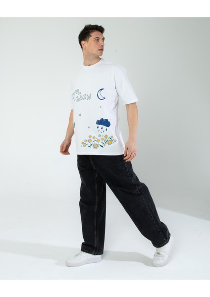 Oversıze Unisex Baskılı T-Shırt Untıl Whıte