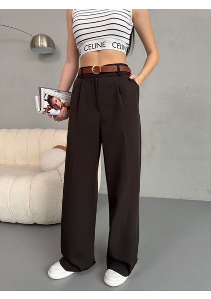 Kadın Beli Lastikli Kemerli Dökümlü Salaş Palazzo Kumaş Pantolon