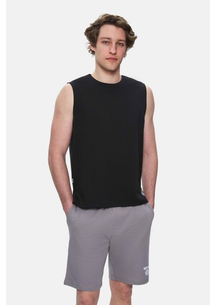 BODHI Siyah Bisiklet Yaka Sıfır Kol Baskılı Modal Kumaş Oversize Erkek Tshirt