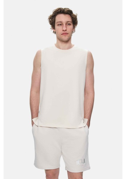 BODHI Kemik Rengi Bisiklet Yaka Sıfır Kol Baskılı Modal Kumaş Oversize Erkek Tshirt