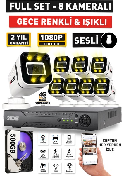Sesli - 8 Kameralı Fullhd Gece Renkli ve Işıklı Güvenlik Kamerası - Kamera Seti 500GB Disk