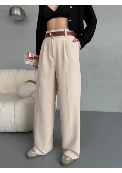 Kadın Beli Lastikli Kemerli Dökümlü Salaş Palazzo Kumaş Pantolon