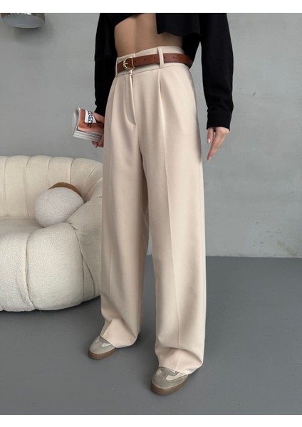 Kadın Beli Lastikli Kemerli Dökümlü Salaş Palazzo Kumaş Pantolon modelleri