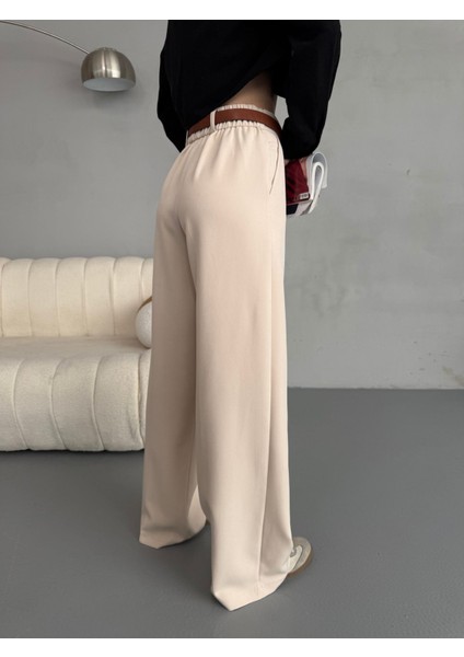 Kadın Beli Lastikli Kemerli Dökümlü Salaş Palazzo Kumaş Pantolon fırsatları