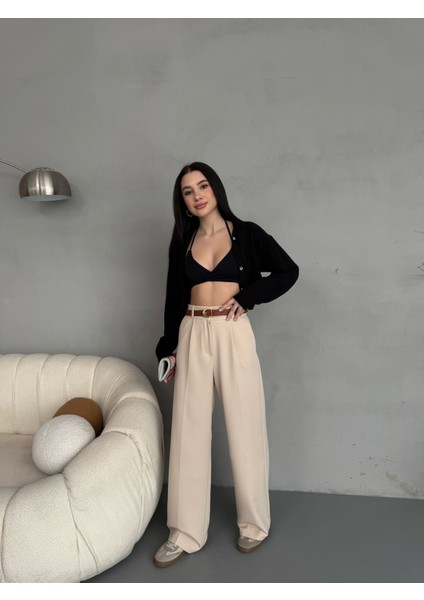 Kadın Beli Lastikli Kemerli Dökümlü Salaş Palazzo Kumaş Pantolon indirimleri