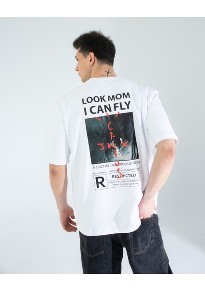 Oversıze Unisex Baskılı T-Shırt Fly Whıte