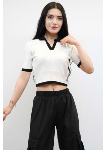 Renkli Yaka Triko Crop Beyaz