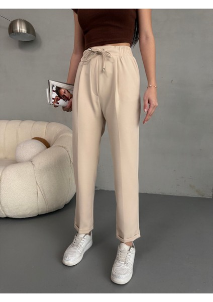 Kadın Yüksek Bel Lastikli ve Bağcıklı Havuç Kesim Kumaş Pantolon