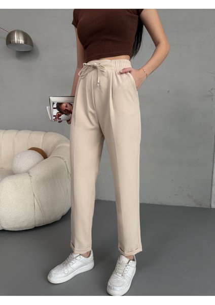 Kadın Yüksek Bel Lastikli ve Bağcıklı Havuç Kesim Kumaş Pantolon fiyatları