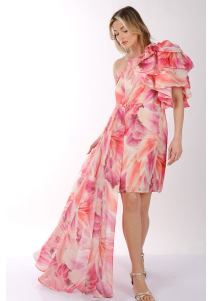 Explosion Tek Omuz Şifon Midi Elbise - Asimetrik Kesim, Özel Günler İçin