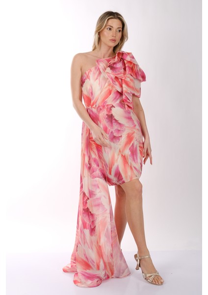 Explosion Tek Omuz Şifon Midi Elbise - Asimetrik Kesim, Özel Günler İçin fiyatları