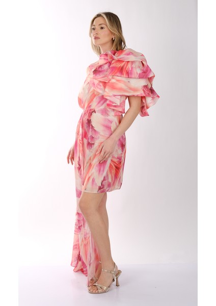 Explosion Tek Omuz Şifon Midi Elbise - Asimetrik Kesim, Özel Günler İçin modelleri