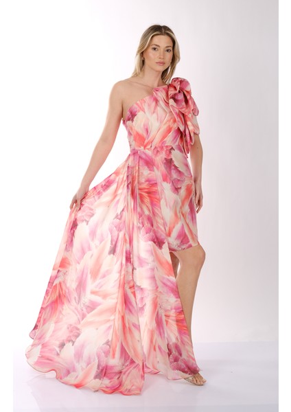 Explosion Tek Omuz Şifon Midi Elbise - Asimetrik Kesim, Özel Günler İçin fırsatları