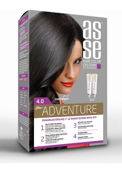 Adventure Set Saç Boyası, Kalıcı ve Canlı Renkler 1+1 İki Kullanım Seti (No:4.0 Kestane)