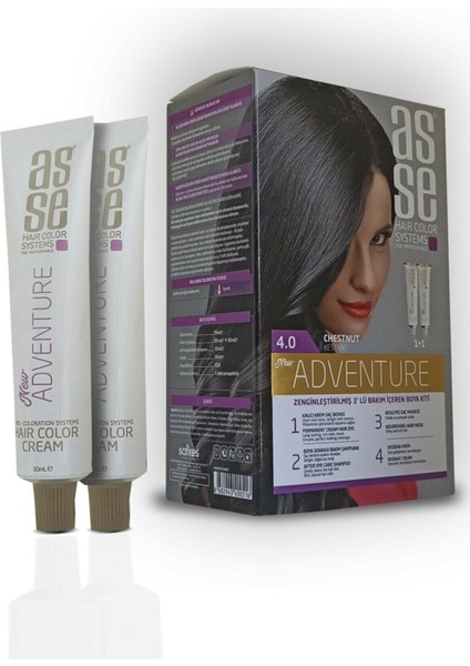 Adventure Set Saç Boyası, Kalıcı ve Canlı Renkler 1+1 İki Kullanım Seti (No:4.0 Kestane) indirimleri
