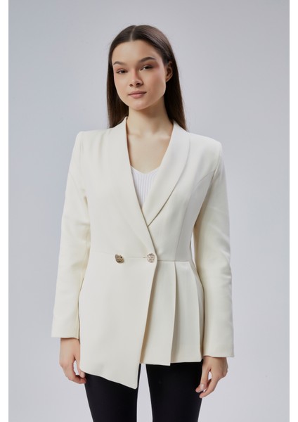 Ekru Regular Fit Pile Detaylı Blazer Ceket