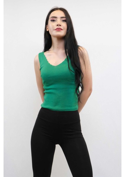 Moda Çizgi Zikzak Yaka Triko Bluz Yeşil