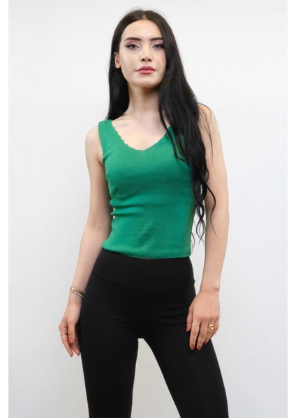 Moda Çizgi Zikzak Yaka Triko Bluz Yeşil