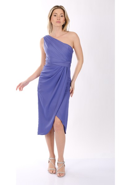 DORİDORCA Tek Omuz Drape Detaylı Saten Midi Kadın Abiye Elbise 231KB5081 modelleri