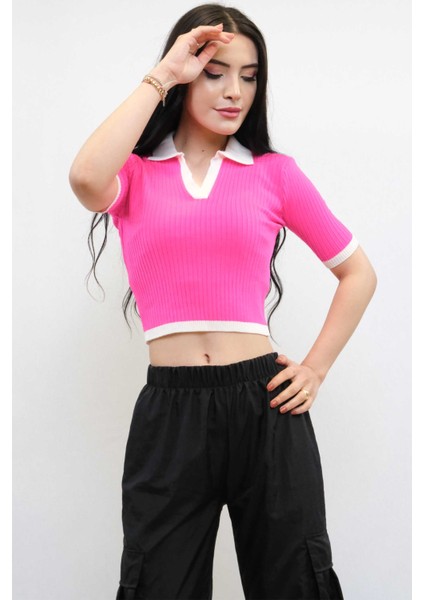 Renkli Yaka Triko Crop Pembe