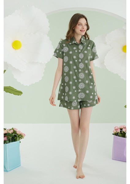%100 Pamuklu Yeşil Çiçek Desenli Şortlu Önden Düğmeli Pijama Takımı