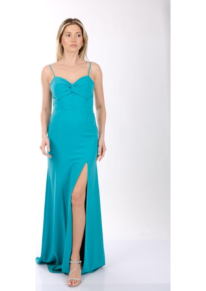 DORİDORCA Kalp Yaka Önden Yırtmaçlı Krep Kumaş Maxi Boy Kadın Abiye Elbise 231KB5110