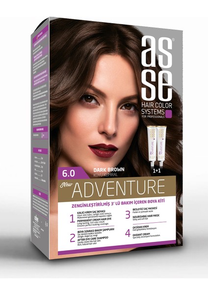 Adventure Set Saç Boyası, Kalıcı ve Canlı Renkler 1+1 İki Kullanım Seti (No:6.0 Koyu Kumral)
