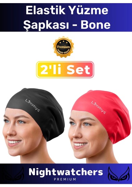 Deluxe Su Geçirmez Sızdırmaz Renkli Silikon Yüzücü Havuz Deniz Bone Elastik Yüzme Şapkası 2'li Set