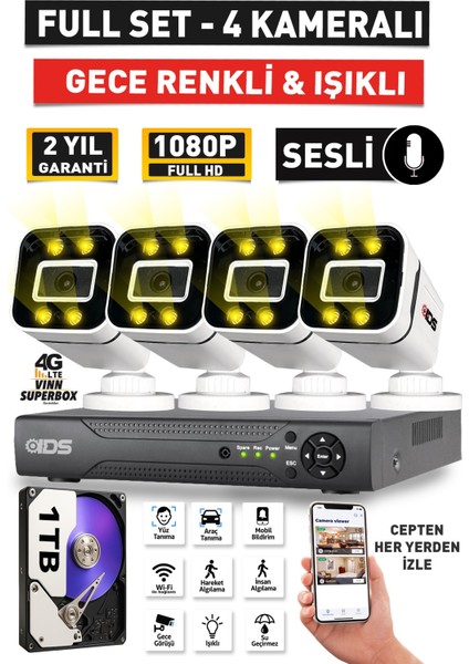 Sesli - 4 Kameralı Fullhd Gece Renkli ve Işıklı Güvenlik Kamerası - Kamera Seti 1tb Disk