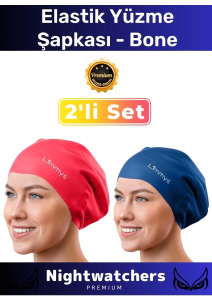Deluxe Su Geçirmez Sızdırmaz Renkli Silikon Yüzücü Havuz Deniz Bone Elastik Yüzme Şapkası 2'li Set