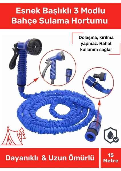 Premium Seri Dolaşmaz Kırılmaz 7 Kademeli Uzayan Bahçe Sulama Araç Yıkama Tabancalı 15 Metre Hortum