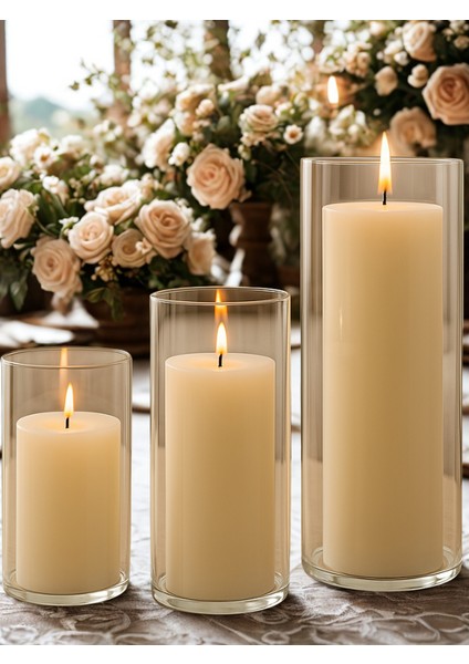 3'lü Borosilikat Cam Mumluk Seti + Yüzen Mum Hediyeli – Dekoratif Şamdan Takımı" fırsatları
