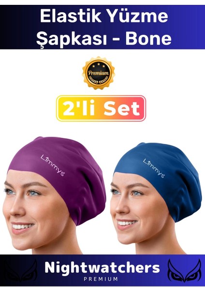 Deluxe Su Geçirmez Sızdırmaz Renkli Silikon Yüzücü Havuz Deniz Bone Elastik Yüzme Şapkası 2'li Set