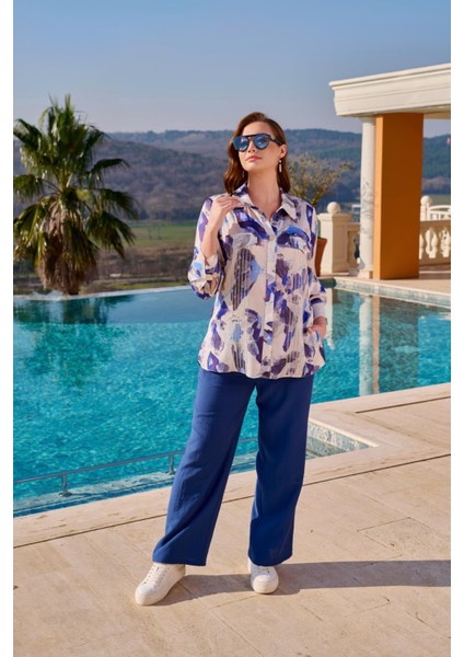 Büyük Beden Kadın Empirme Baskılı Şifon Taş ve Cep Detaylı Gömlek