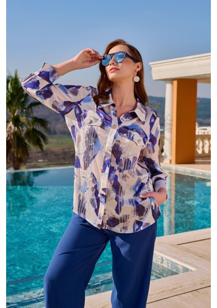 Büyük Beden Kadın Empirme Baskılı Şifon Taş ve Cep Detaylı Gömlek fiyatları